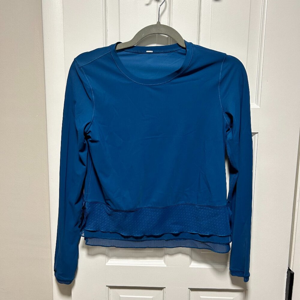 Lululemon Blue Long Sleeve Top with Ruffle Hem - Size S